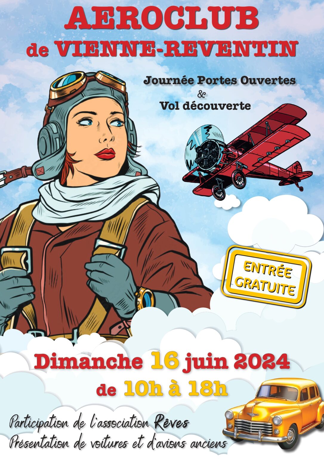 Prochaine journée porte ouverte : Vol Découverte (Baptême de l&rsquo;air) avec expositions de voiture de collection – le 16 juin 2024 !